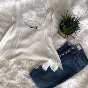 Satin/silk scoop-neck tip with lace bottom detail